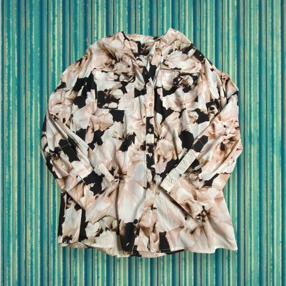 Calvin Klein Peach Black Floral Button Down Shirt Size 1X - Picture 1 of 9